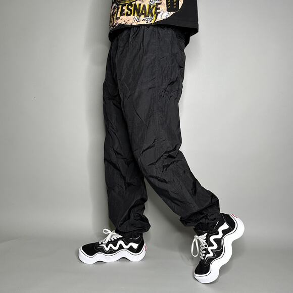Vintage Track Pants Jet Black Nylon Joggers Elastic Cuffs has Ankle Zippers 90s - Picture 1 of 4